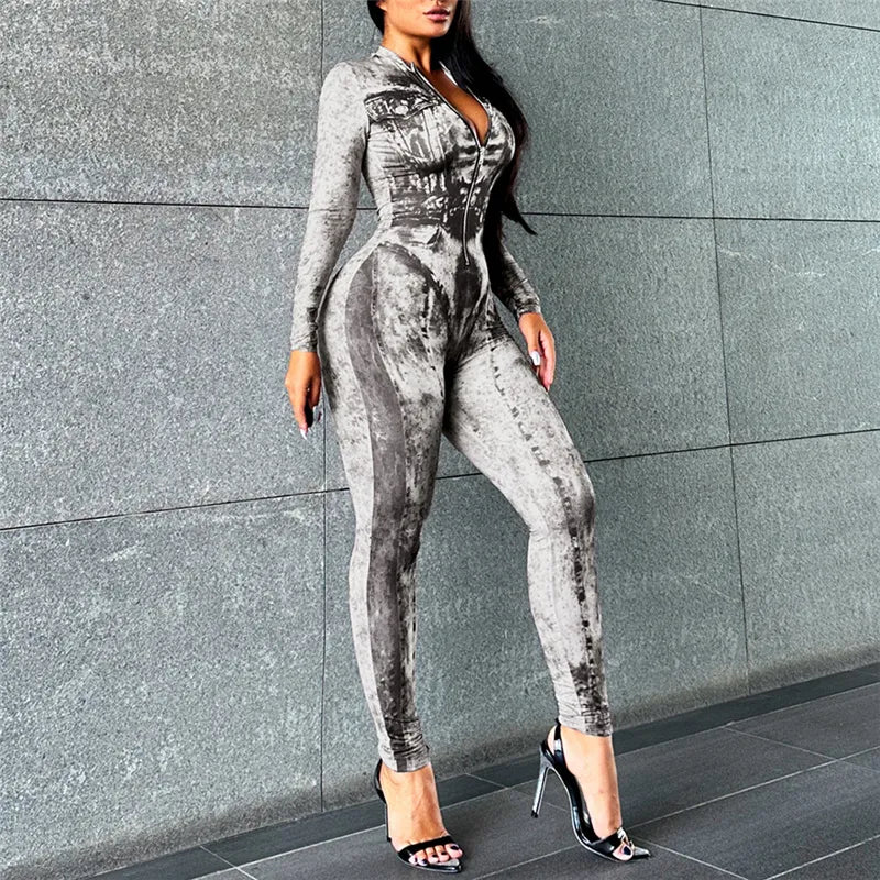 Autumn Zipper Printed Jumpsuit