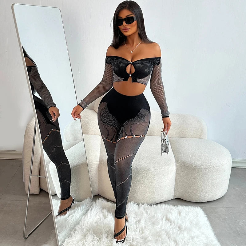 Off-Shoulder Long Sleeve Mesh Set