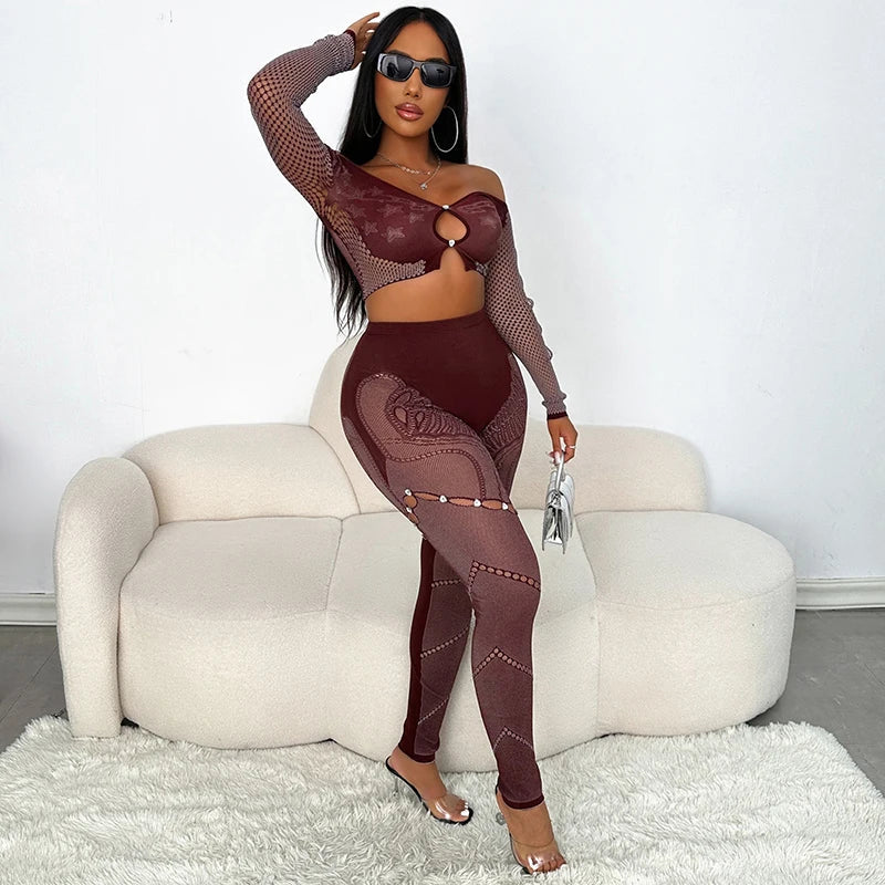 Off-Shoulder Long Sleeve Mesh Set