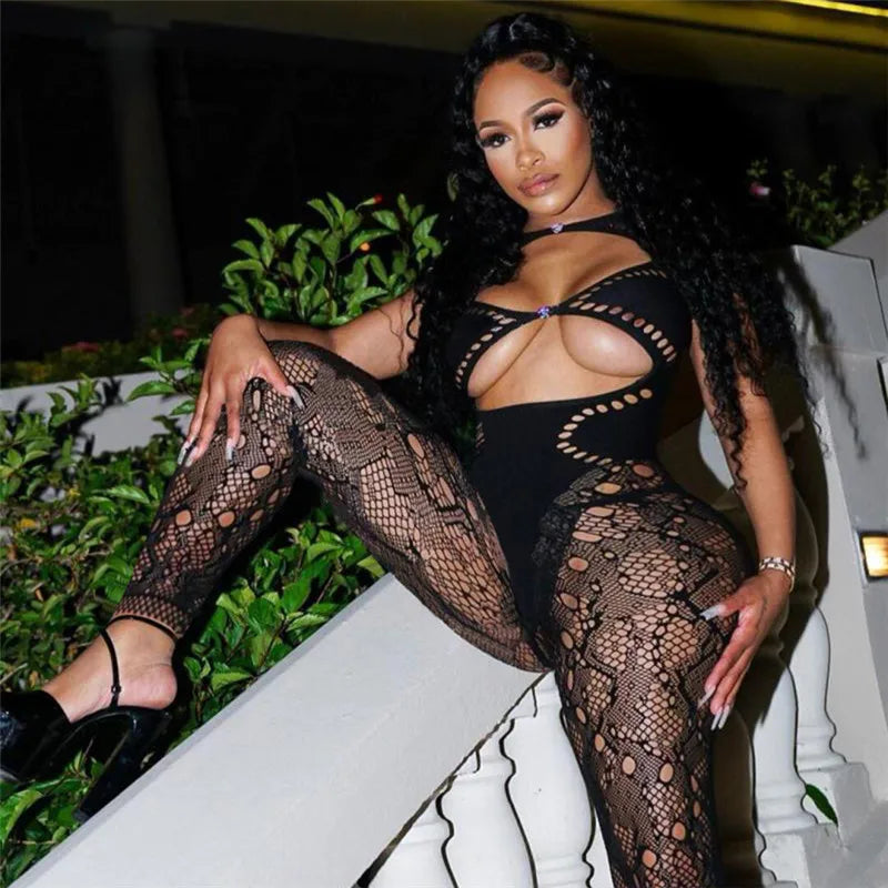 Mesh Hollow Out Cleavage Jumpsuit