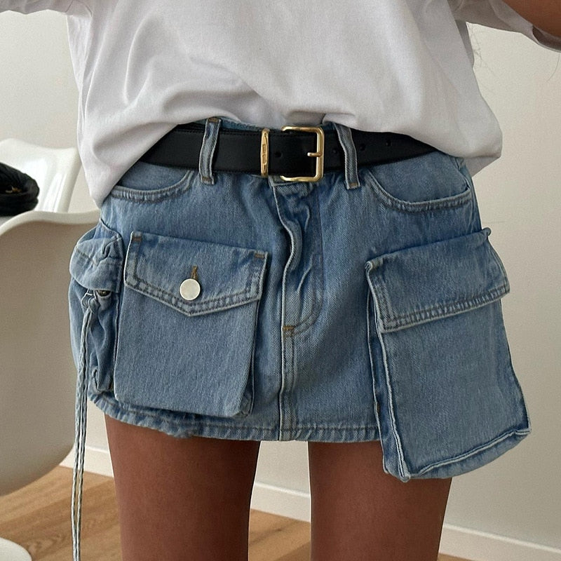 Asymmetrical Pockets Denim Skirt