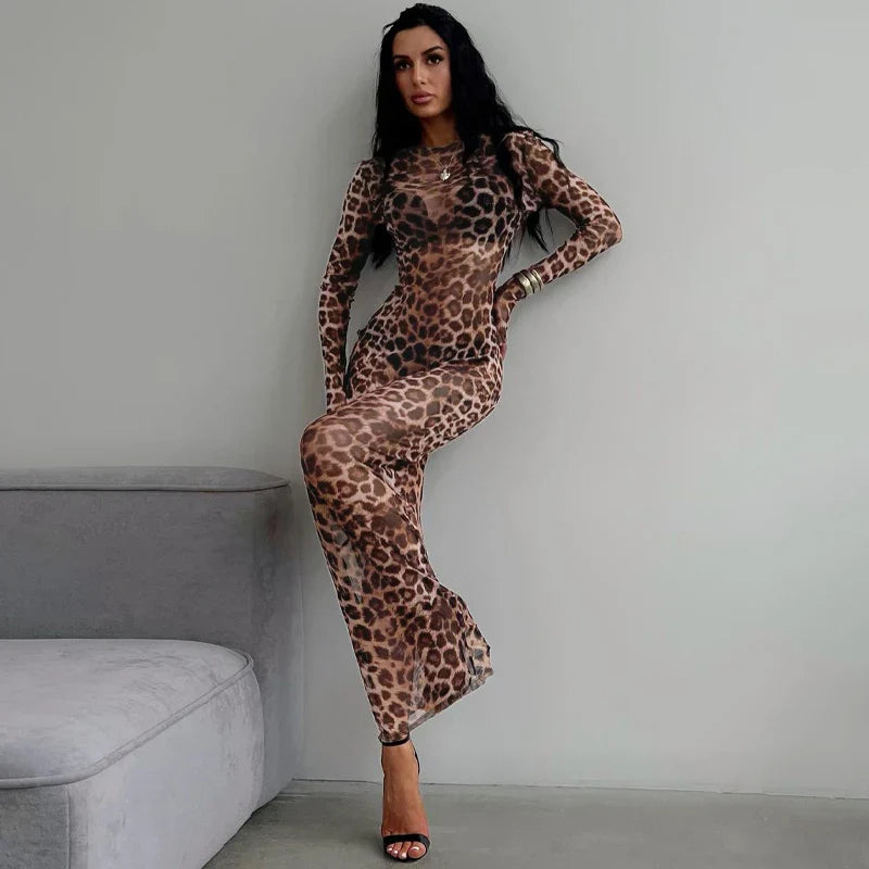 Leopard Mesh Long Sleeve Maxi Dress