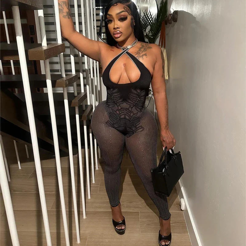 Cross Halter Mesh Jumpsuit