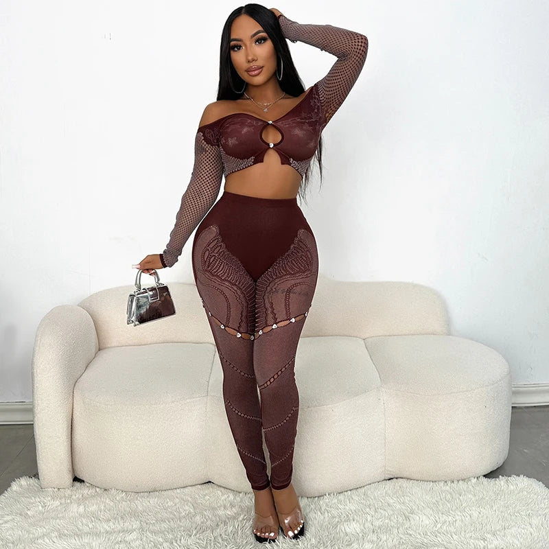 Off-Shoulder Long Sleeve Mesh Set