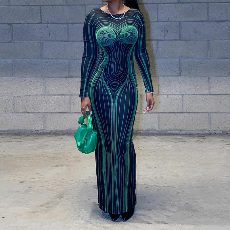 Wave Body Print Maxi Dress