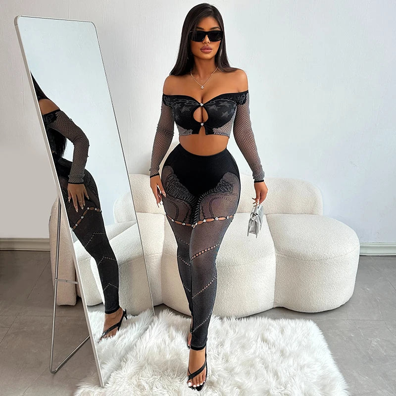 Off-Shoulder Long Sleeve Mesh Set