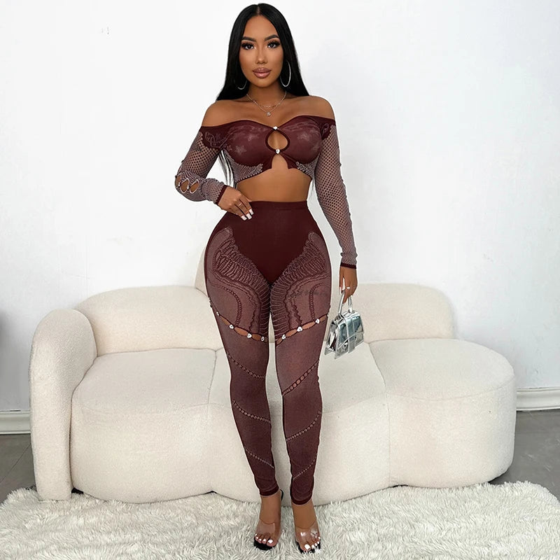 Off-Shoulder Long Sleeve Mesh Set