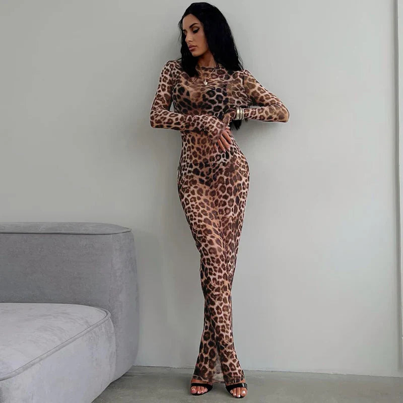 Leopard Mesh Long Sleeve Maxi Dress