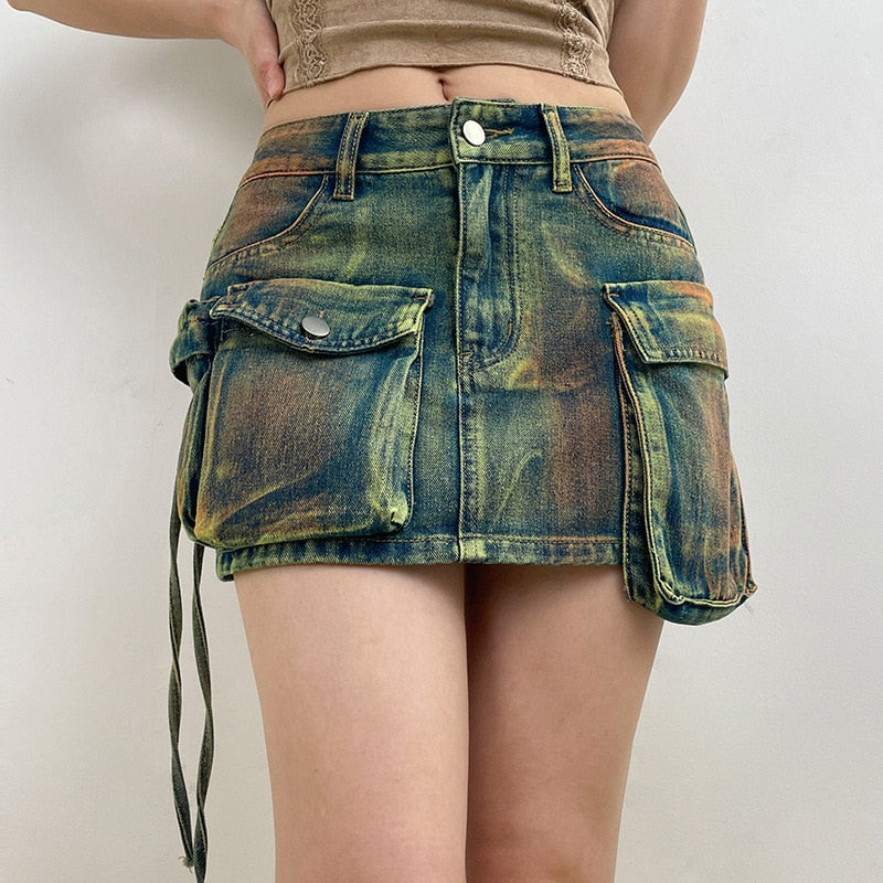 Asymmetrical Pockets Denim Skirt