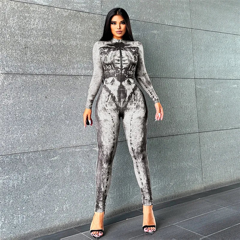 Autumn Zipper Printed Jumpsuit