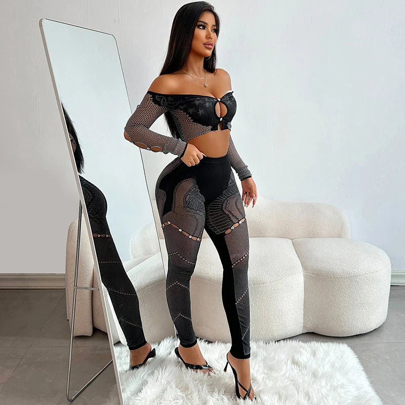 Off-Shoulder Long Sleeve Mesh Set