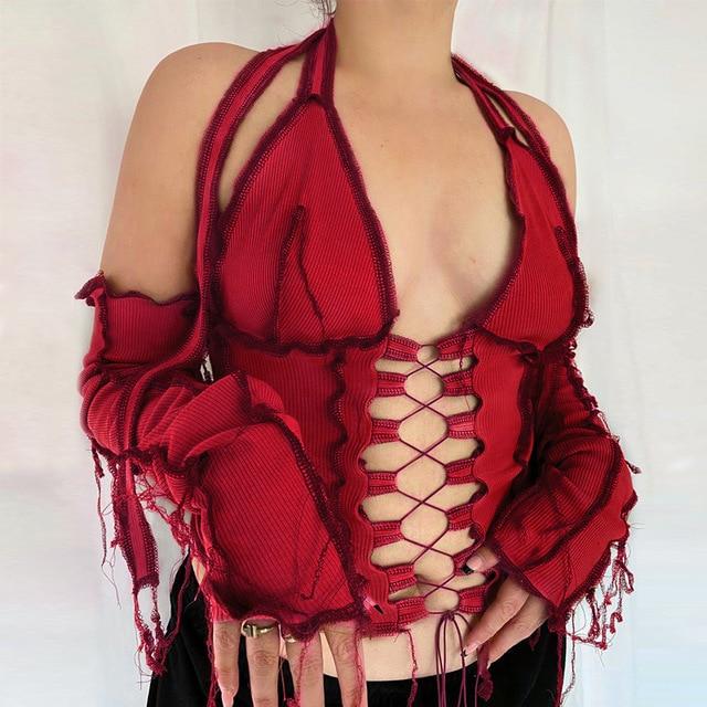 Hollow Crop Top With Gloves