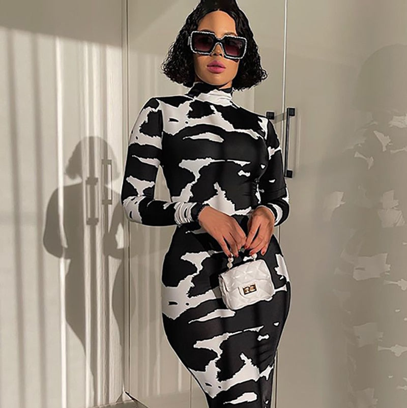 Cow Turtleneck Long Dress